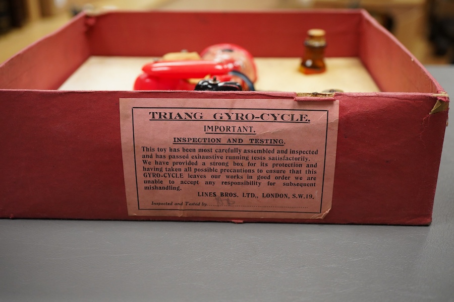 An early boxed Tri-ang Gyro-Cycle, with a gyroscope contained within the front wheel of the bicycle, providing power to the toy, template bicycle with celluloid rider, the box with original inner card holder and a sealed